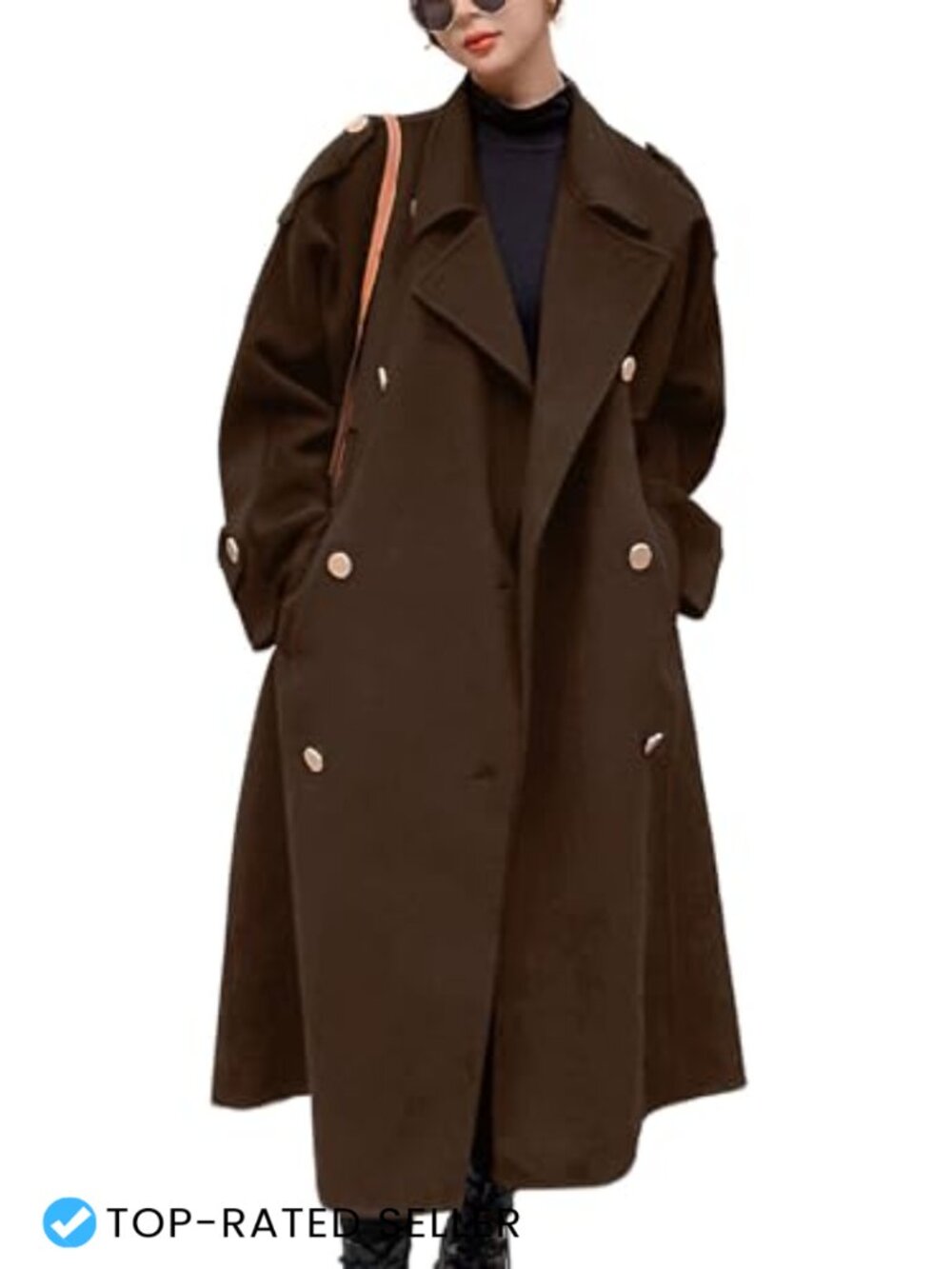 Wool Blend Double Breasted Midi Pea Coat Button Notch Lapel Overcoat
